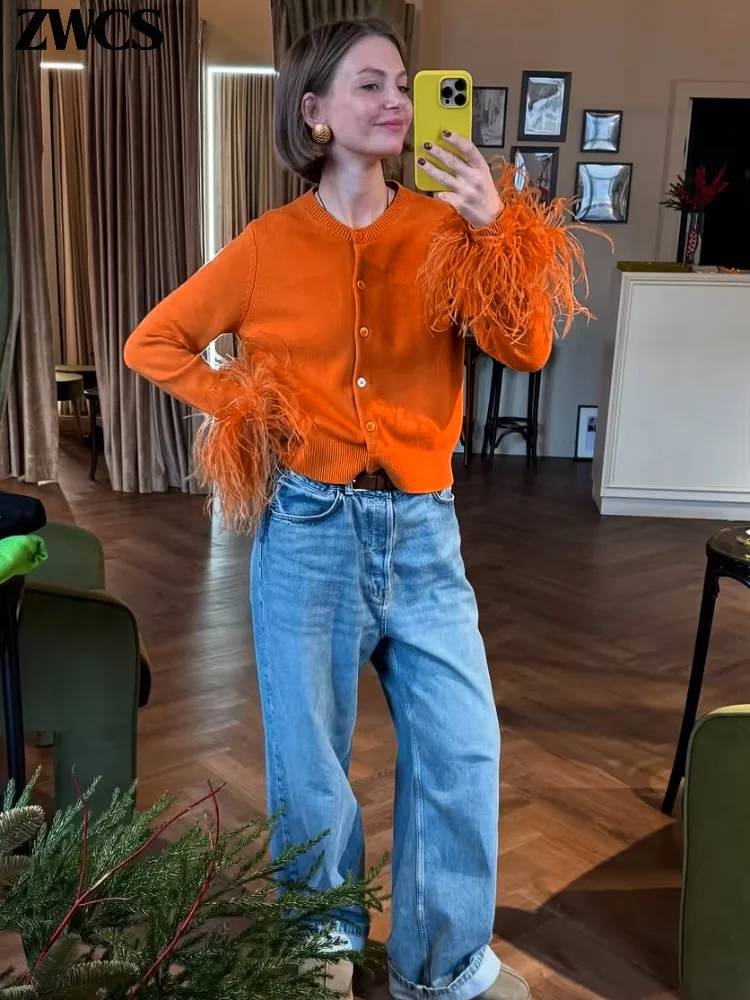 Solid Feather Sleeves Cardigan 2026 Spring New Knitting Single-breasted O-neck Female Sweater Women's Casual Knitwear