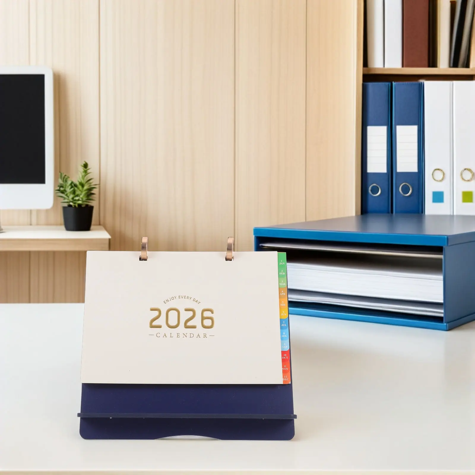 

Wooden 2026 Desk Calendar Standing Flip Planner Desktop Monthly Yearly Schedule Blue Colorful Tabs Office Wood Desk Calendar