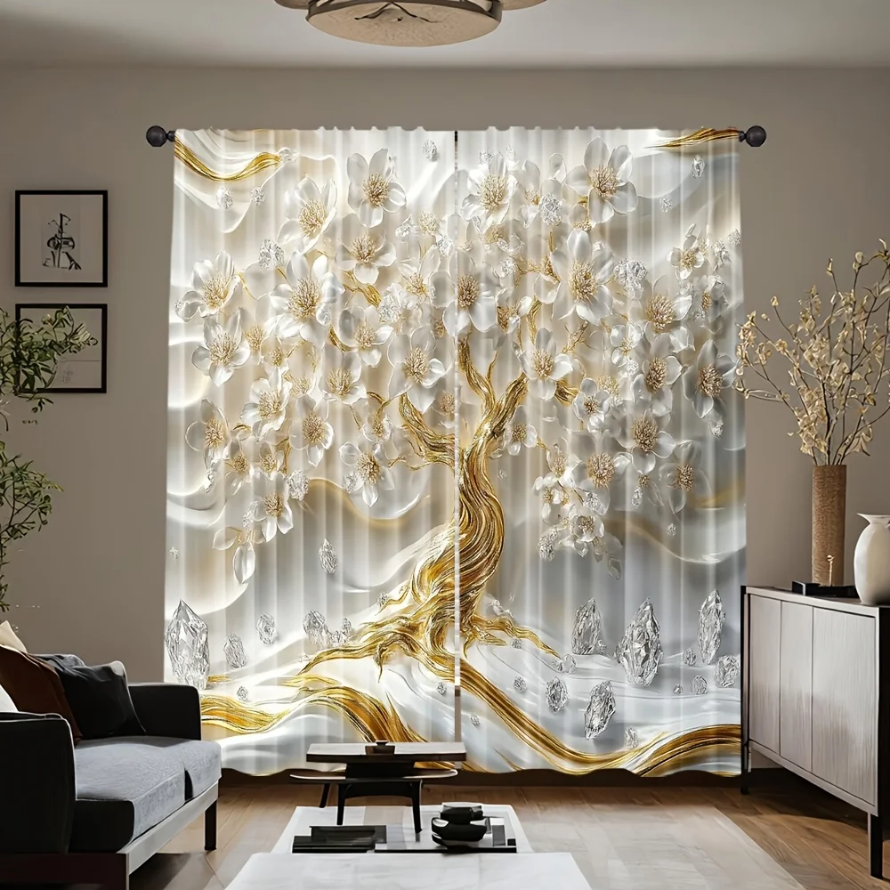 2pcs White Tree of Life Sheer Polyester Curtains with Rod Pocket,All-Season Decor for Bedroom,Office,Kitchen,Living Room & Study
