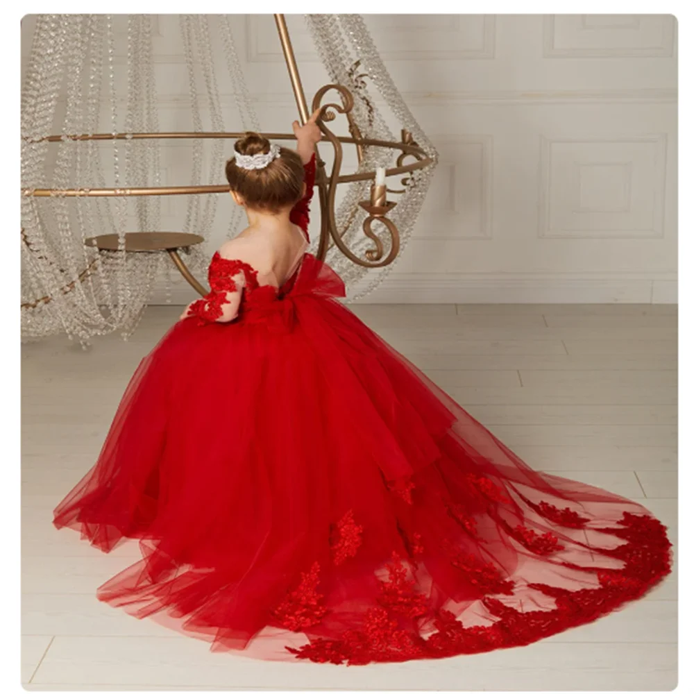 New Red Flower Girls Dresses Fluffy round neck with Long Sleeves Beautiful Bridesmaid Birthday Backless Lace Bow Appliques