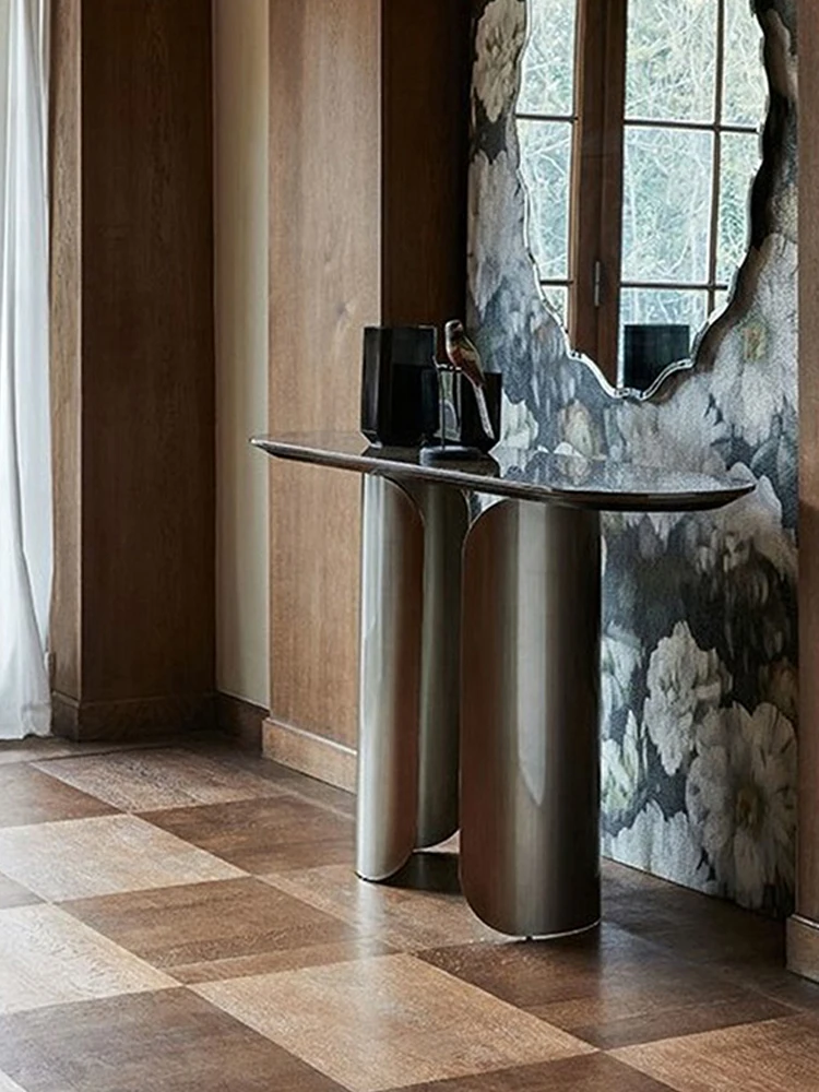 Modern light luxury style marble porch table, stainless steel wall table, designer entry corridor entry strip