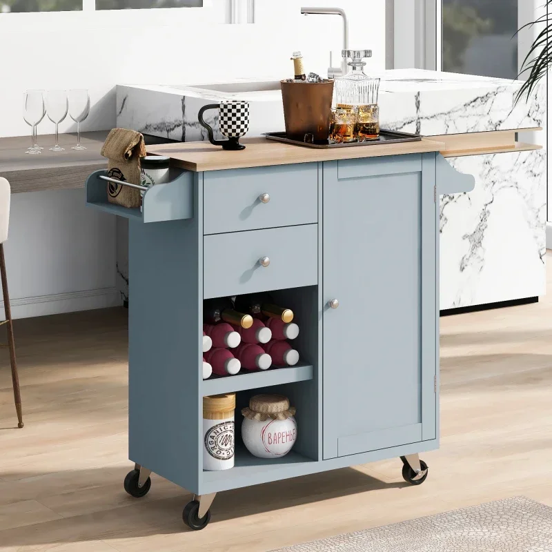 Kitchen Cart with Spice Rack ,Towel Rack & Two Drawers,Rubber wood top,Kitchen Island with 4 Wheels Grey Blue