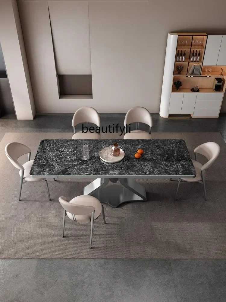 อิตาเลี่ยน Minimalist หรูหราโต๊ะรับประทานอาหารเก้าอี้ผสมหนาหินแผ่นตารางโมเดิร์นสี่เหลี่ยมผืนผ้า High-G