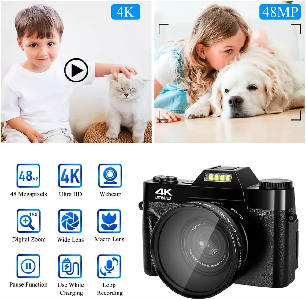 HD Digital Photography Mirrorless Camera 4K WIFI Web Cam Vintage Vlog Video Recorder YouTube 48MP Camcorder Suitable Home Travel