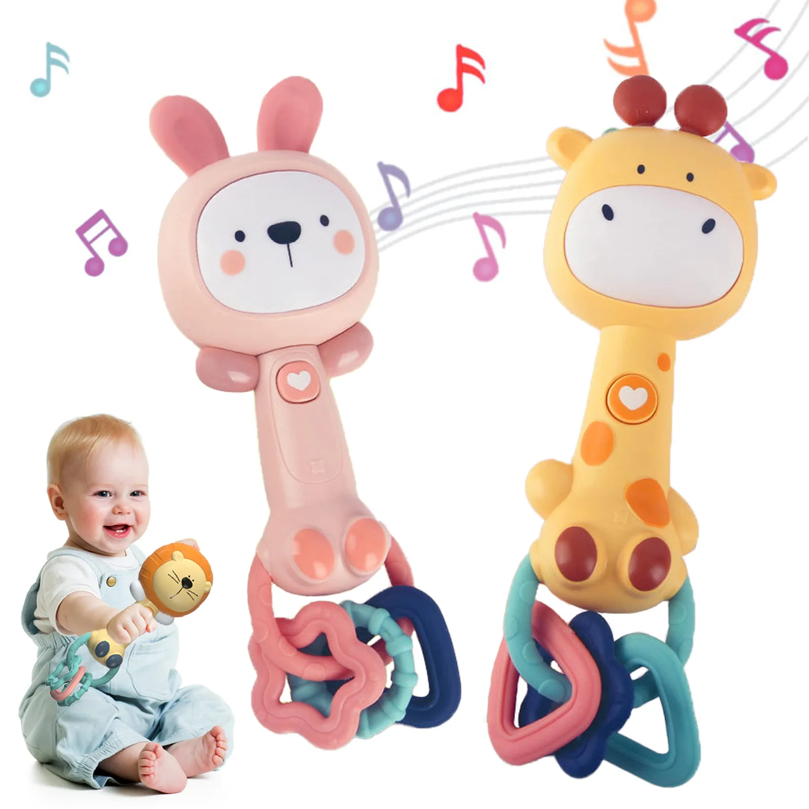 Baby Music Rattle Toys Rabbit Teether Hand Bells Mobile Newborn Early Educational Toy for 18M Toddler Musical Luminescent Toy