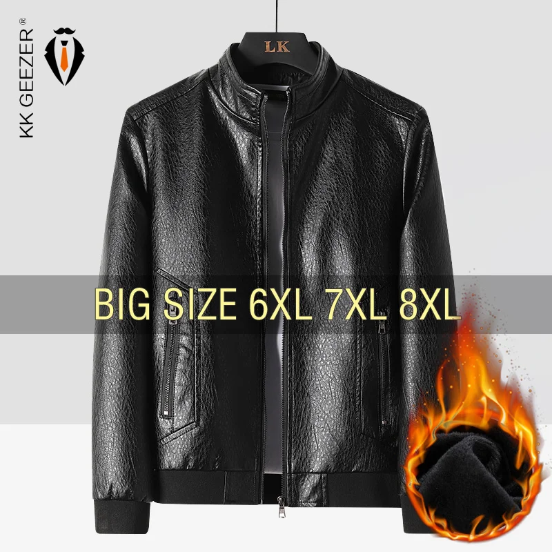 Leather Jacket Men Coats Motorcycle 2024 Autumn Lapel Travel Fleece Black Zipper Plus Size 6XL 7XL 8XL Winter Slanted Overcoat