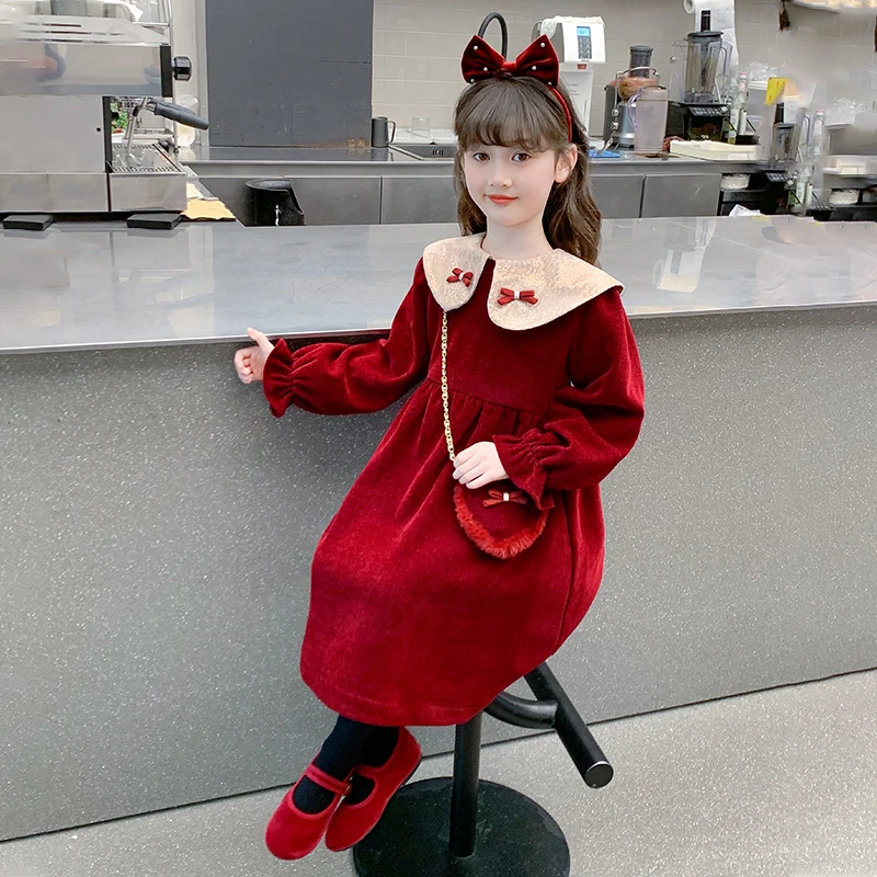 Girls Dress Red Velvet Sequined Collar Bow Decor Fleece Lined Warm Long Sleeve A Line Dress Children's Clothing For New Year