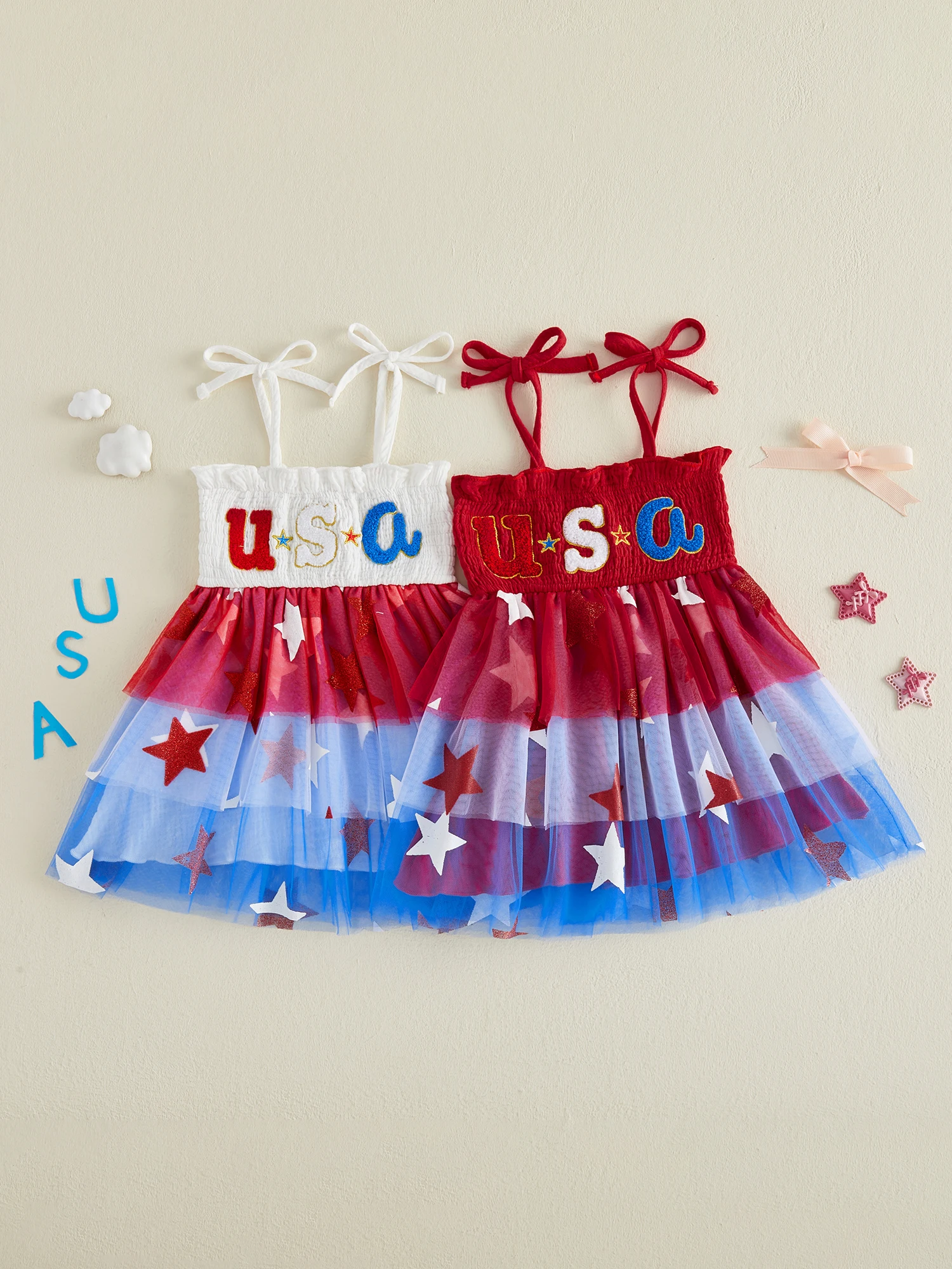 

Cute Girls Patriotic Dress Sweetheart Neckline American Flag Print Sleeveless Tulle Dress for Independence Day Celebration