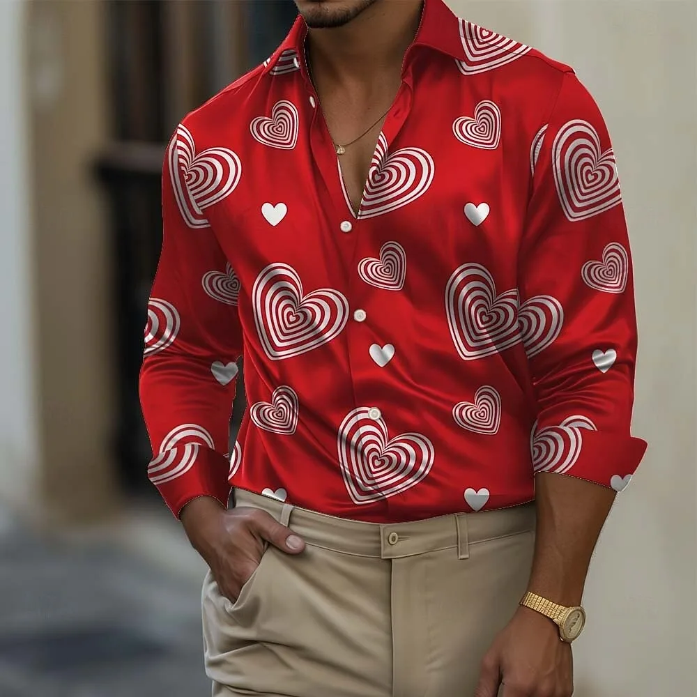 New men's romantic heart-shaped pattern shirt long sleeved fashionable casual lapel 3D dot printed button up shirt