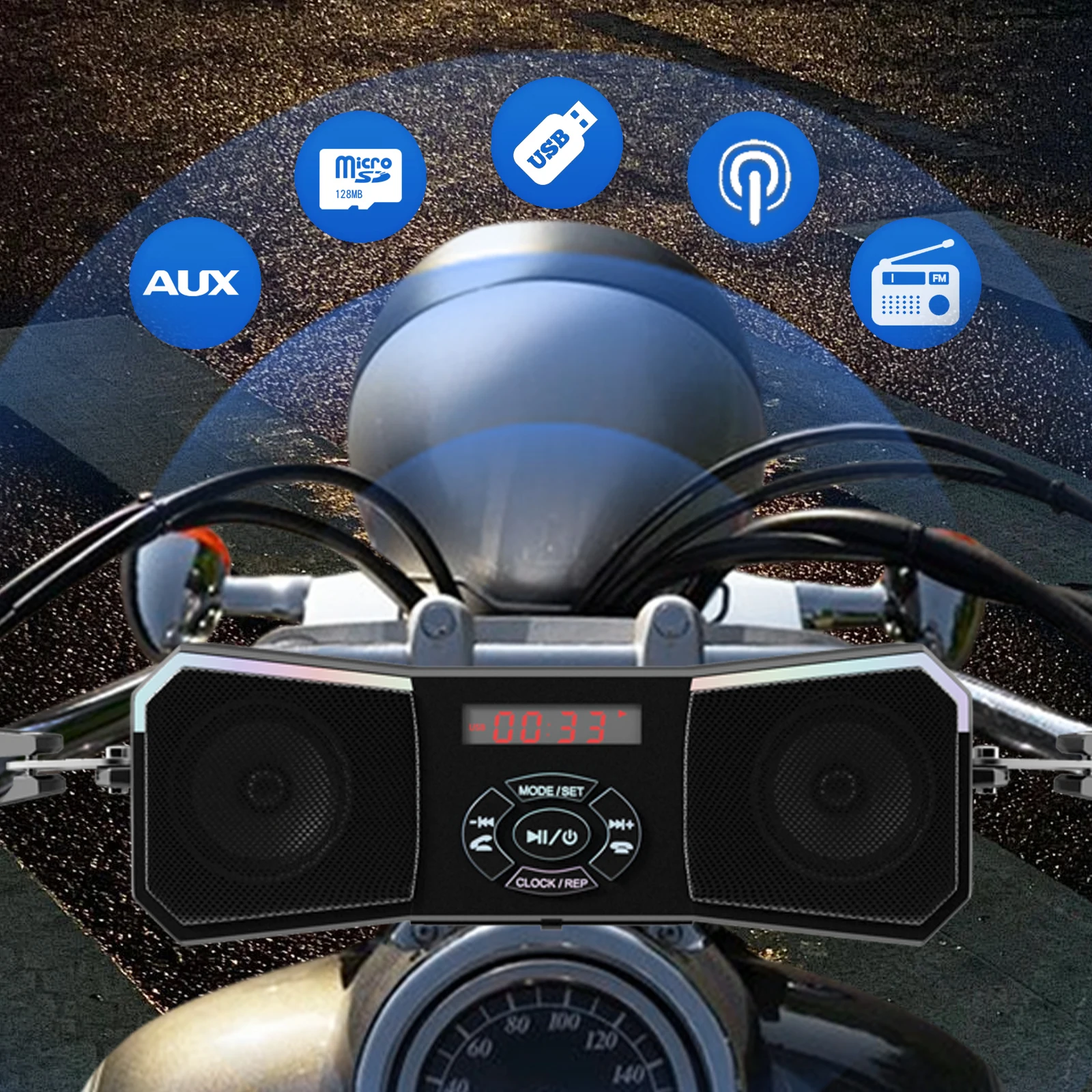 طقم صوت مثبت على مقود الدراجة النارية - مكبرات صوت ستيريو لاسلكية، مشغل MP3 12 فولت، USB/AUX وراديو FM للراكبين