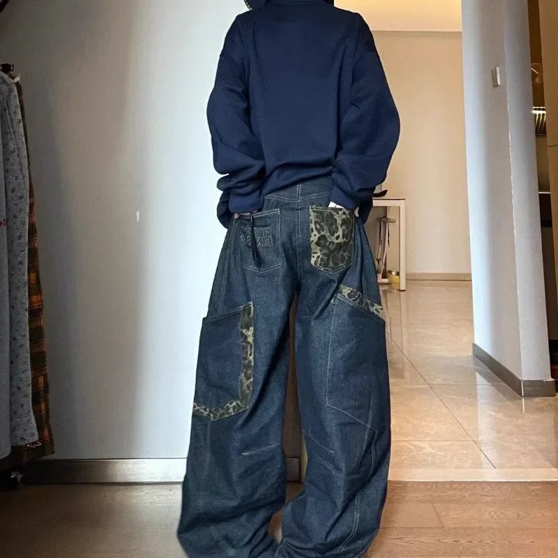 Deeptown Y2K Retro Women Jeans Big Pocket Scimitar Leopard Wide Leg Denim Cargo Pants Harajuku Baggy Autumn Streetwear Trousers