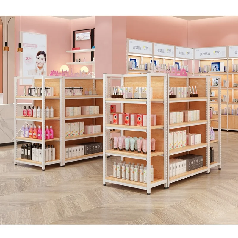 2025customized.Adjustable  Retail Shop Shelving Double Side Supermarket Display Shelf Wooden Stand Cosmetics Display Racking