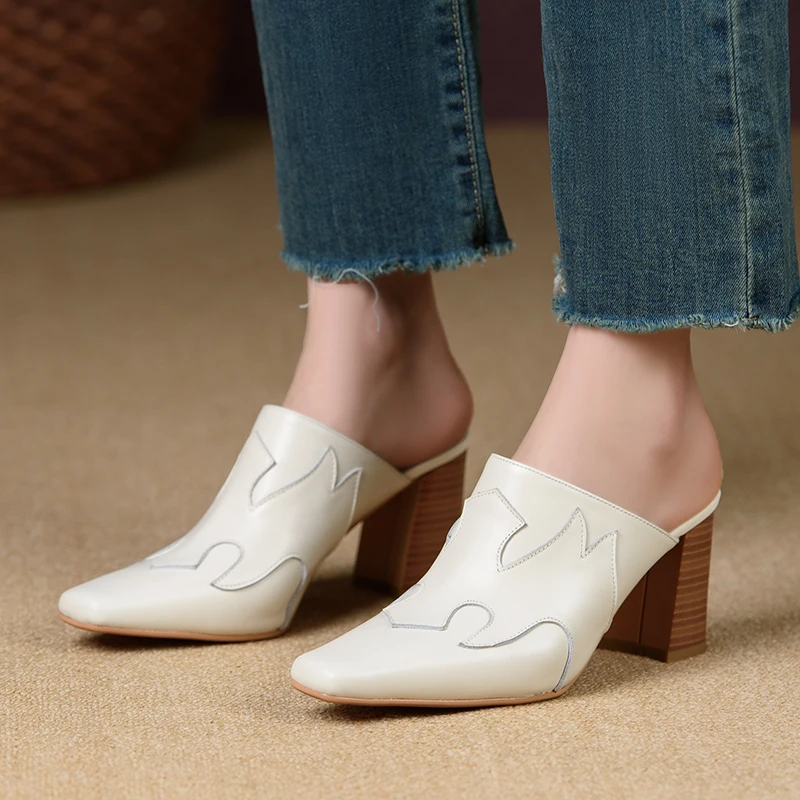 2024 Women\'s New Summer European and American Leather Square Headed Thick High Heel Baotou Muller Slippers Shoes for Women