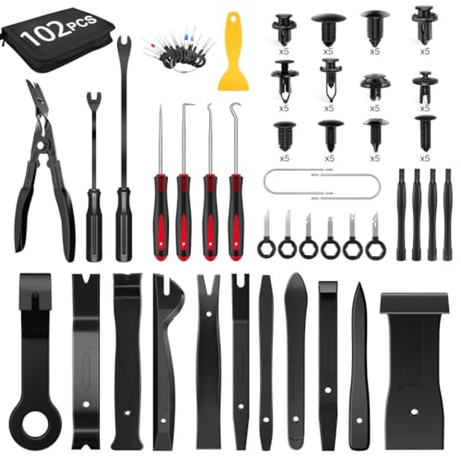 

102Pcs Trim Removal Tool, Auto Push Pin Nylon Bumper Retainer Clip Set Fastener Terminal Remover Tool Round Handle Crowbar Kit