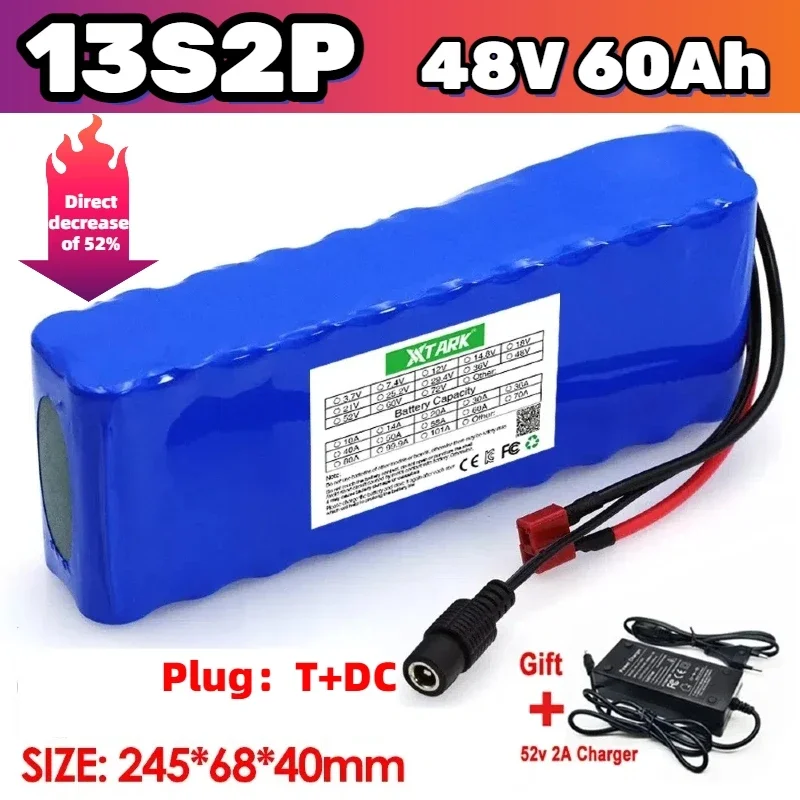 

13S2P 18650 48V 60Ah lithium-ion battery pack, built-in BMS, replaceable 1000W electric bicycle electric scooter battery+charger