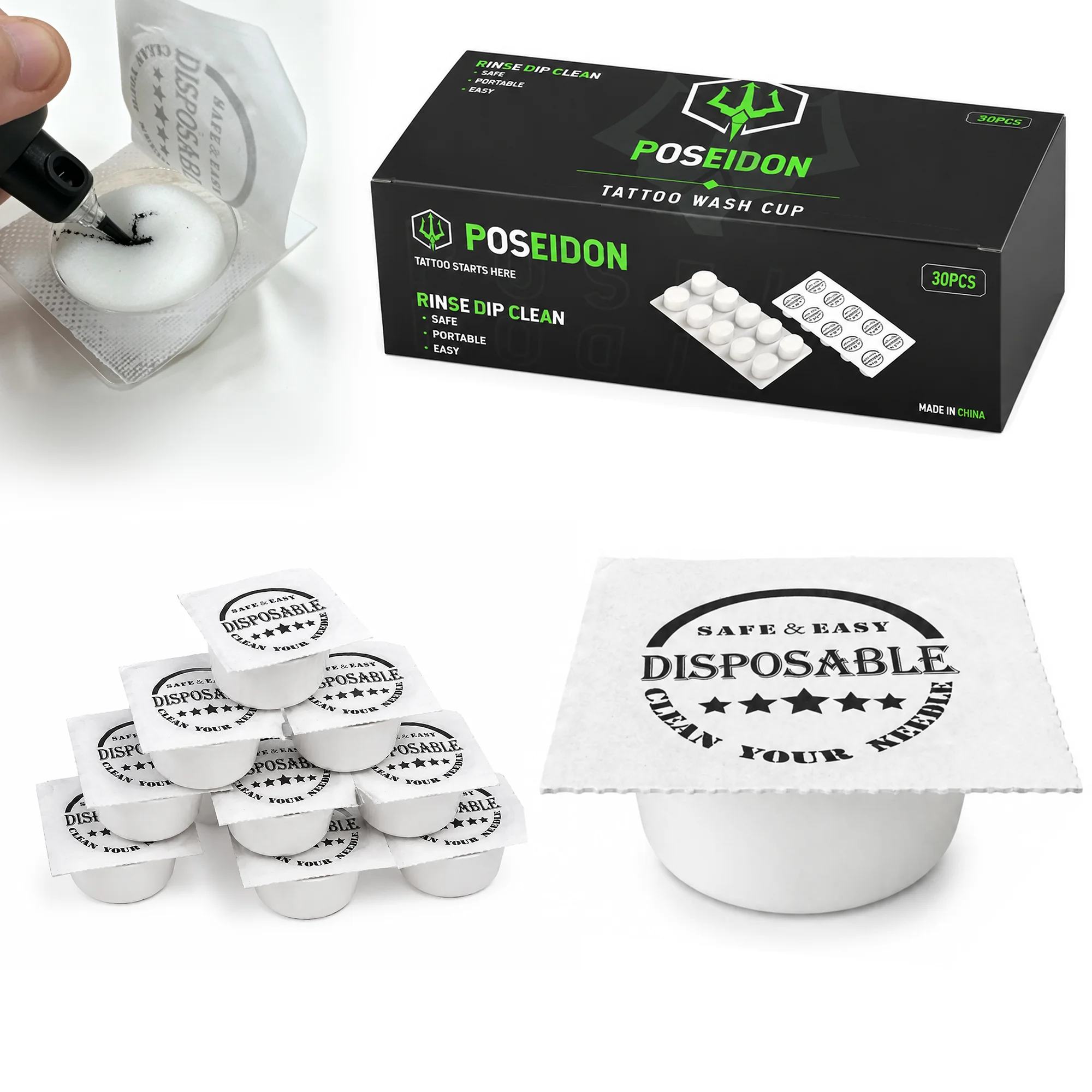 Poseidon 30Pcs Tattoo Dip Cup Caps for Needle Tip Rinse Dip Clean Tattoo Accessories Portable for Tattoo Studios Tattoo Supplies