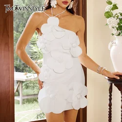 TWOTWINSTYLE Solid Slimming Spliced 3D Flower Dresses for Women Diagonal Neck Sleeveless Patchwork Zipper Dress Female Clothing