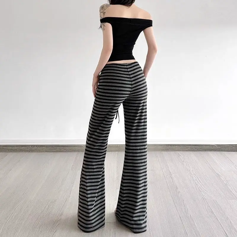 Stylish Drawstring High Waist Trousers Women's Clothing American Casual Striped Autumn Basic Contrasting Colors Bootcut Pants