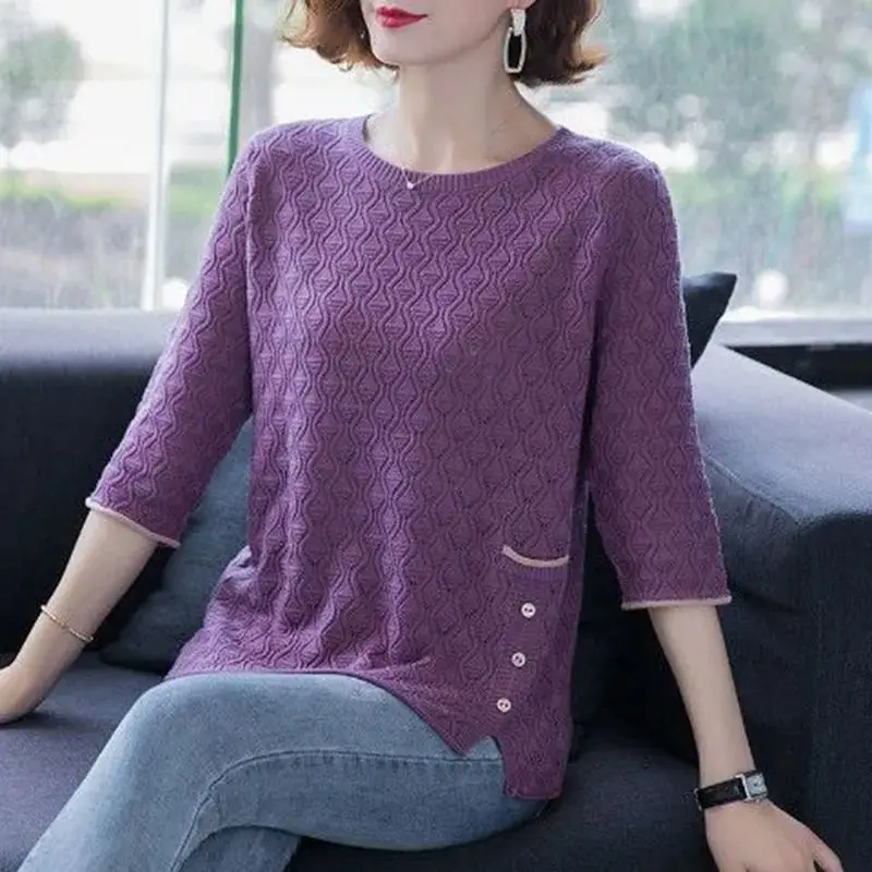 Round Neck Women\'s Clothing Solid Pockets Button Autumn Winter Thin Casual Three Quarter Sleeve Sweaters Hollow Out Pullovers