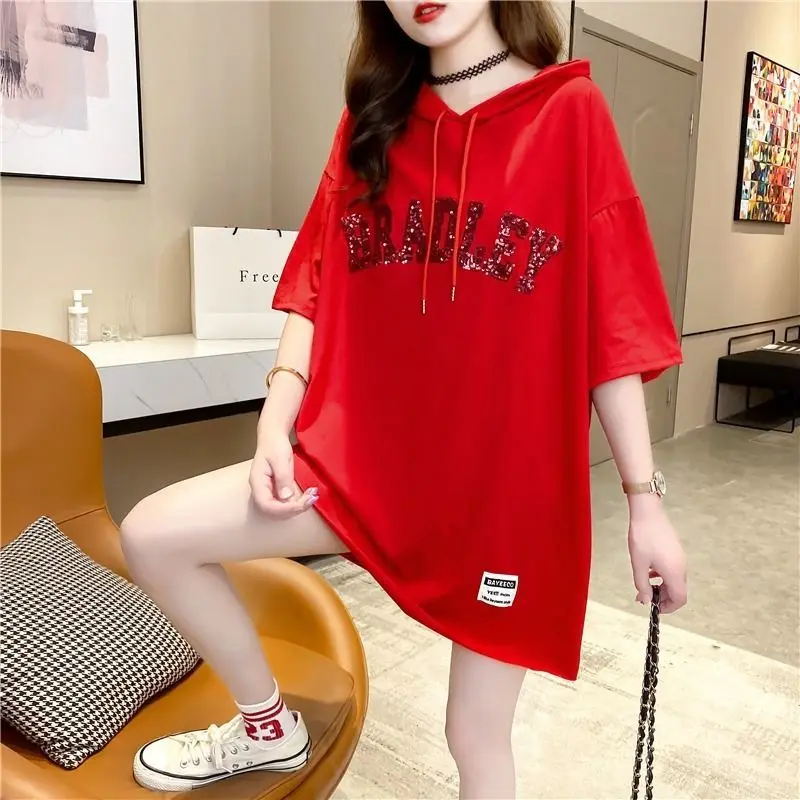 Fashion Loose Sequined Letter Hooded Sweatshirts Female Clothing 2024 Summer New Oversized All-match Tops Casual Sweatshirts