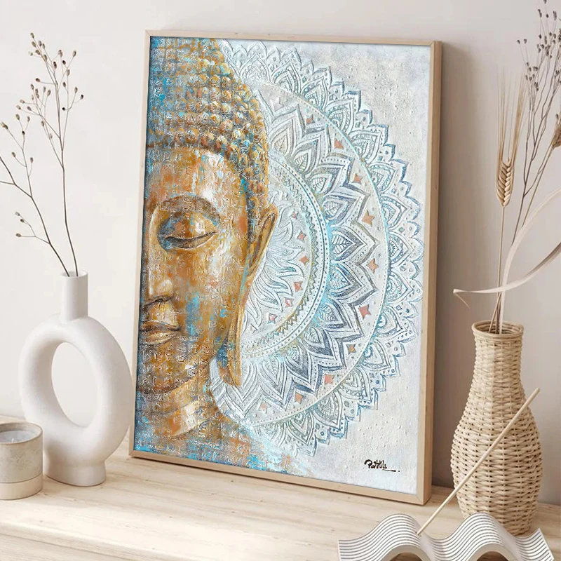 Modern Buddha Canvas Paintings Blue Mandala Flower Blossom Buddha Posters HD Pictures for Bedroom Living Room Buddhism Art De