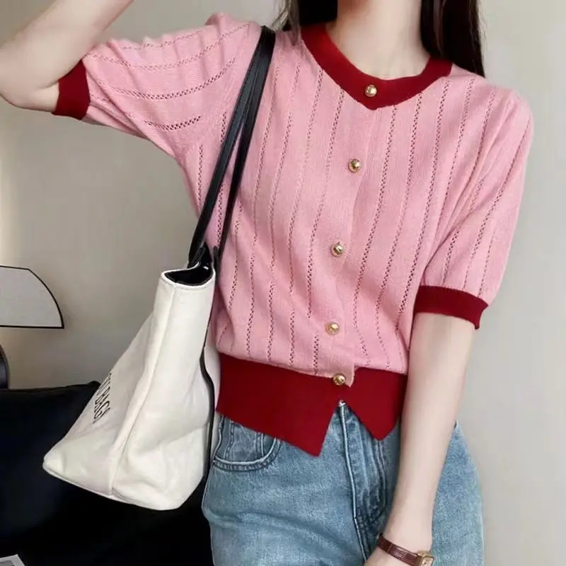 Women Clothing Chic Solid Patchwork Cardigan Summer Casual O-neck Short Sleeve Hollow Out Top All-match Button Knitted T-shirts