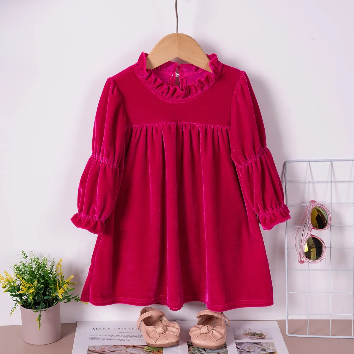 Baby Girl Velvet Dress Solid Autumn Ruffle Collar+Long sleeved Dress Toddler Noble Style Daily or Party Dressing Fashion 1-6Y