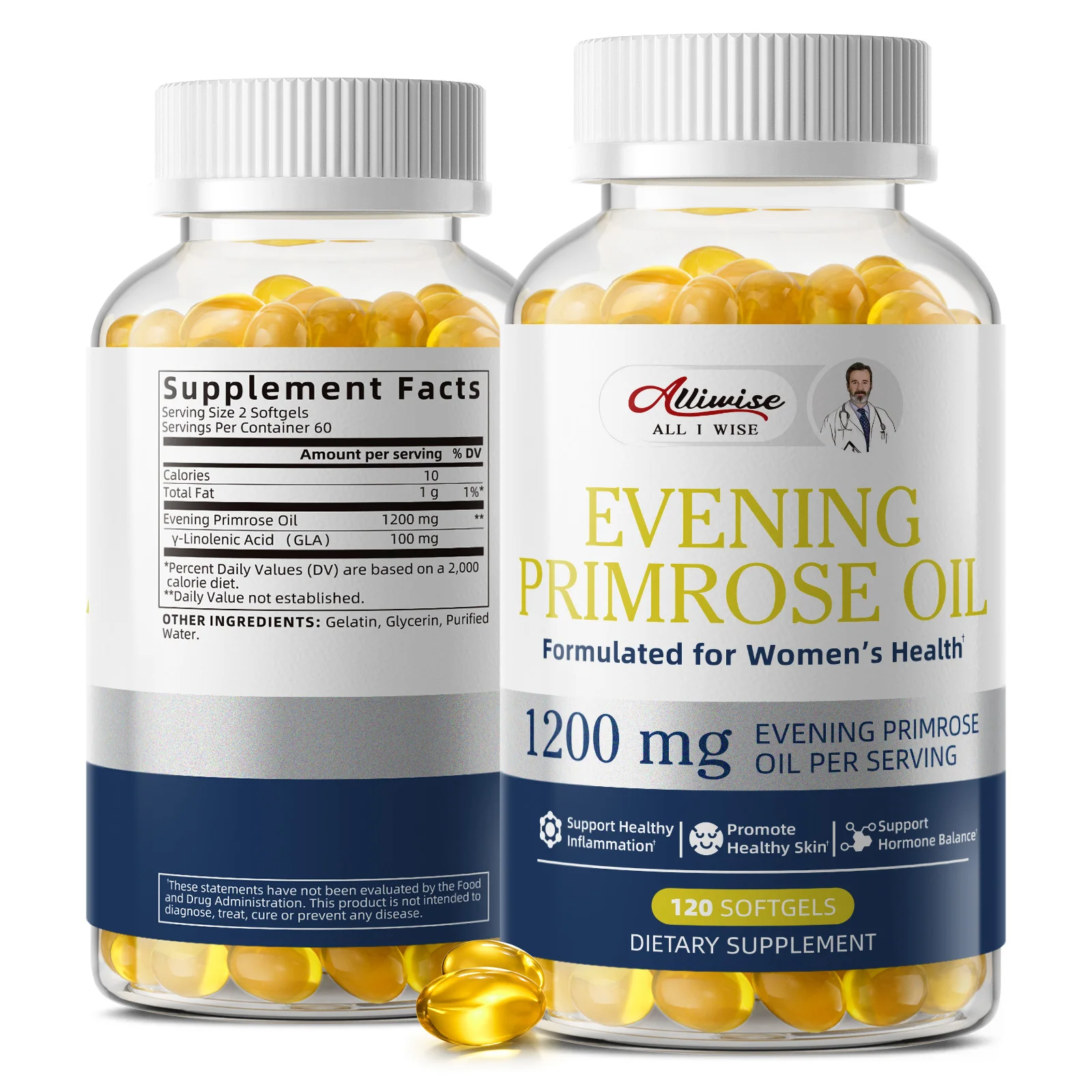 Alliwise 1200MG Evening Primrose Oil Capsules for Regulating Female Endocrine System Anti inflammatory & Joint Health Support