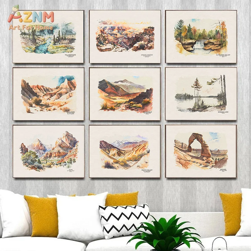 AZNM Watercolor US National Park Canvas Poster Frameless Wall Art Grand Canyon Yellowstone Arches Mountain River Landscape Print