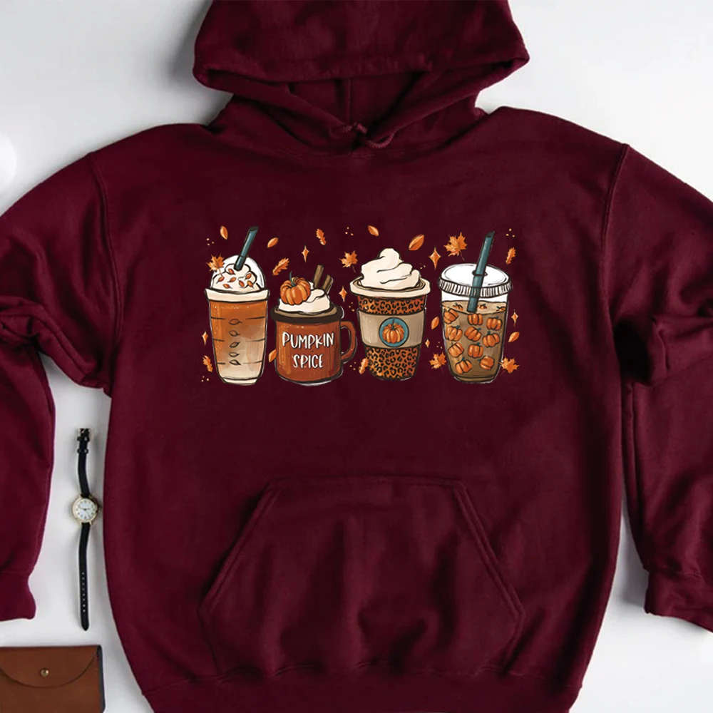 

Винтажная осенняя кофейная толстовка с капюшоном, женская толстовка на День Благодарения, осенняя футболка с круглым вырезом и тыквой, специями, футболка на Хэллоуин, толстовки с длинными рукавами