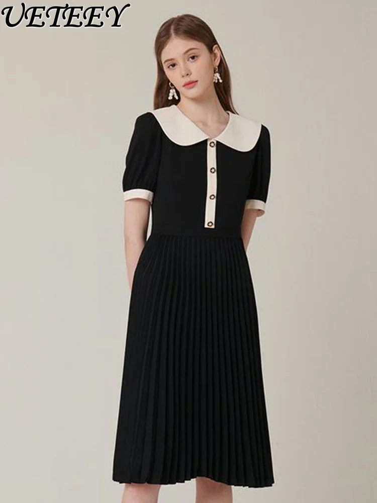 

Thin Fashion French Style Retro Lapels Short Sleeve Dress Summer New Elegant Pleated A- Line Slimming Black Mid-length Dresses