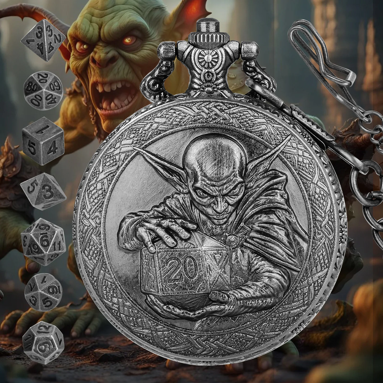 

D&D dice Pocket watch case for roleplaying Games Pocket watch Dices with 7pcs Metal Polyhedral Tabletop Game metal Dice