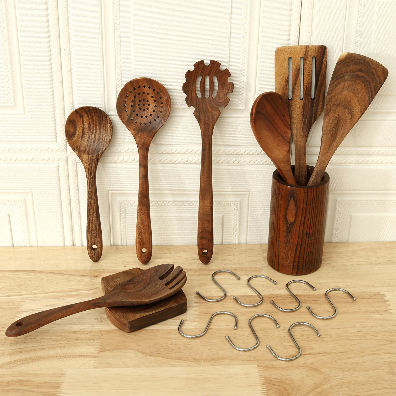 

Набор деревянной посуды, набор кухонной утвари из тикового дерева, кухонный набор, практичный набор посуды для домашнего повседневного использования