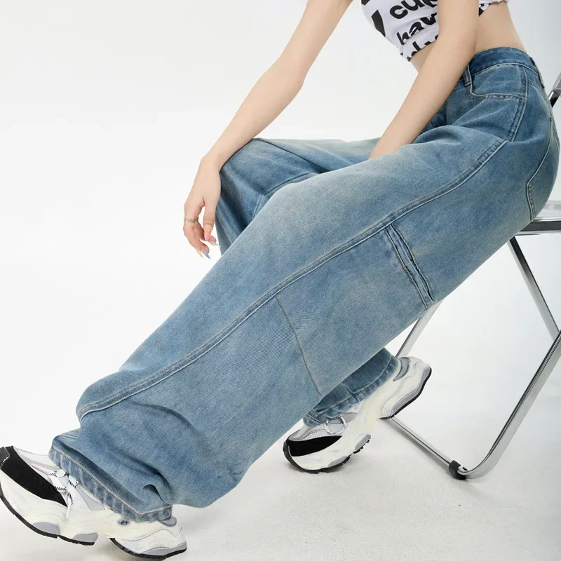 涼しく通気性の良いテンセルの薄手ワイドジーンズ。 春夏の女性向けの新しいアメリカンレトロなルーズ三日月型ジーンズ