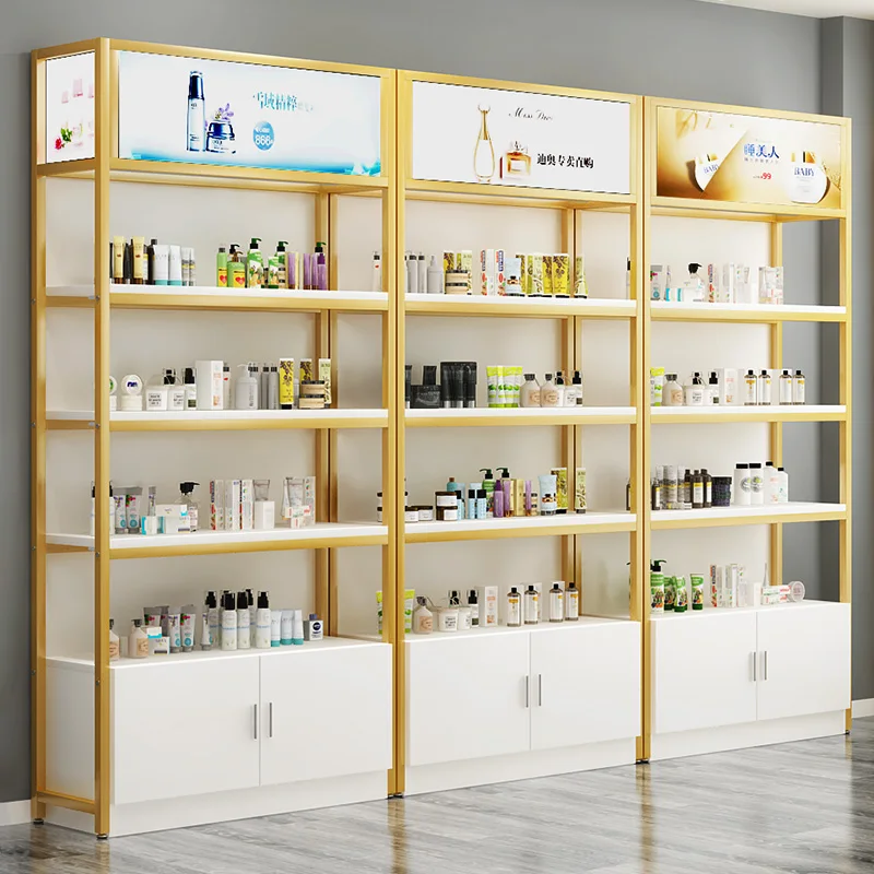 custom.Cheap Price Retail Store Wood Floor Skincare Shelves Wooden Storge Stand Metal Cosmetic Display Rack For Cosmetic Shops