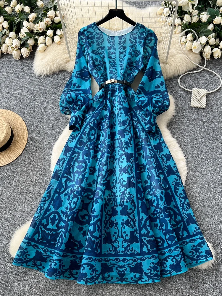 เดรสยาวพิมพ์ลาย Ele Print สำหรับผู้หญิง แฟชั่นฤดูใบไม้ร่วง ทรงเอวเข้ารูป แขนทรงกระบอก ผ้าโพลีเอสเตอร์ เอวสูง สไตล์ฝรั่งเศส
