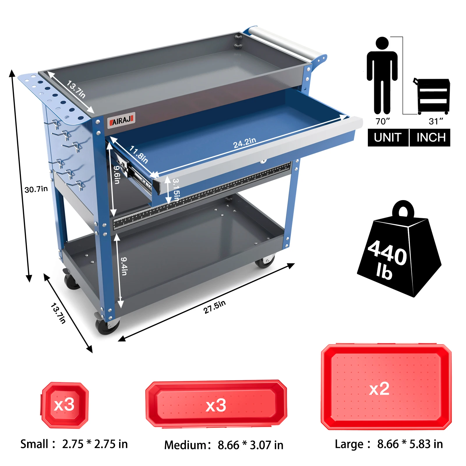 Carrello portautensili a 3 livelli AIRAJ, carrello portautensili meccanico su ruote, carrello portautensili con capacità di 440 libbre per Garage, magazzino, blu