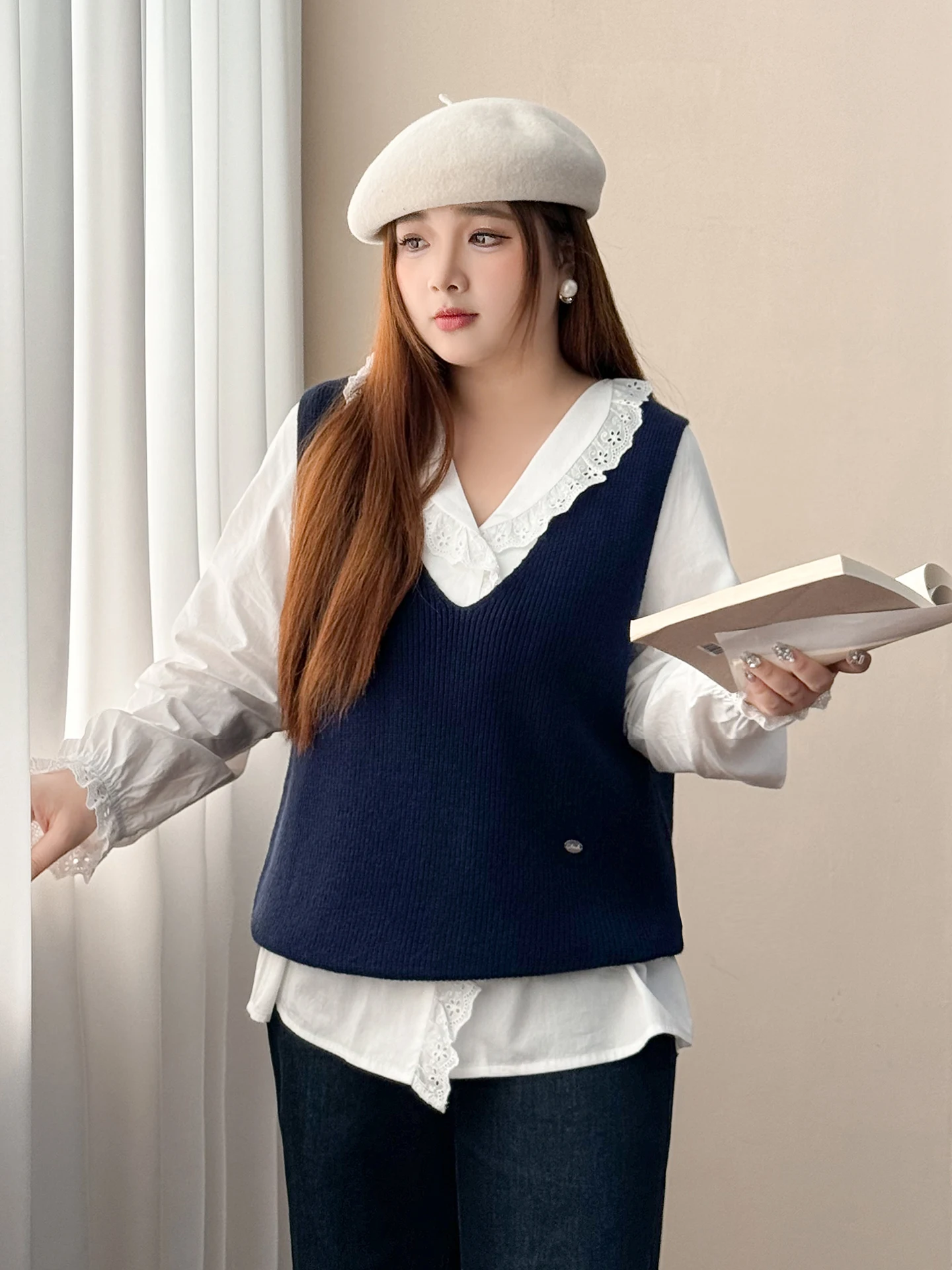 

plus Size Women's Korean College Sle Knitted Set V-Ne Long Sve irt with Lace Trim Tank Top And Vest Two-Piece Set