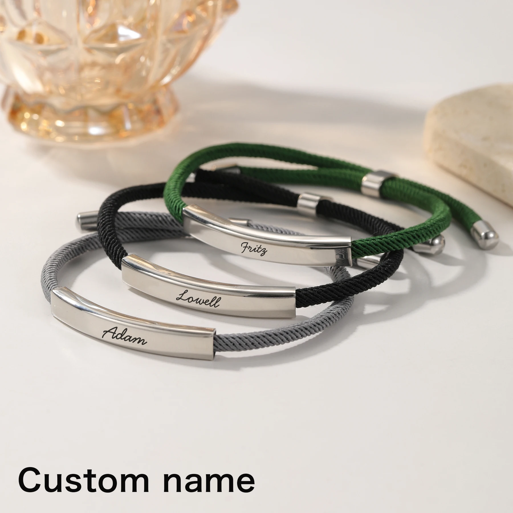 

MYIDY Personalized Engraved Name Bar Bracelet Custom Adjustable Braided Cord Bracelet Birthday Gift for Boyfriend Gifts
