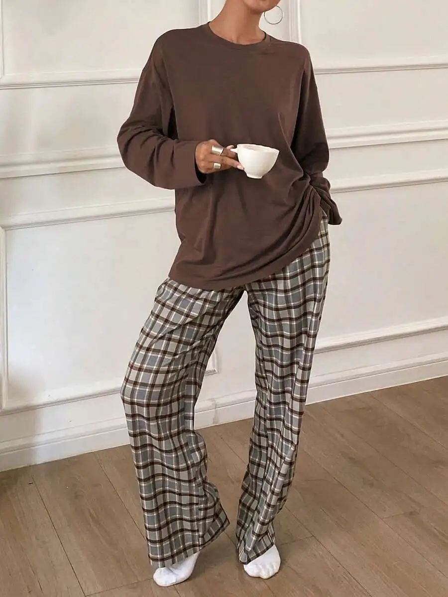 Minimalist Solid Loose Long Sleeve Top And Plaid Wide Leg Pajama Pants Set