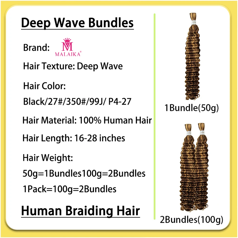 28 Inches P4/27 Human Braiding Hair Deep Wave Honey Blonde Braiding Hair Highlight Brazilian Brown Bariding Hair for Boho Braids