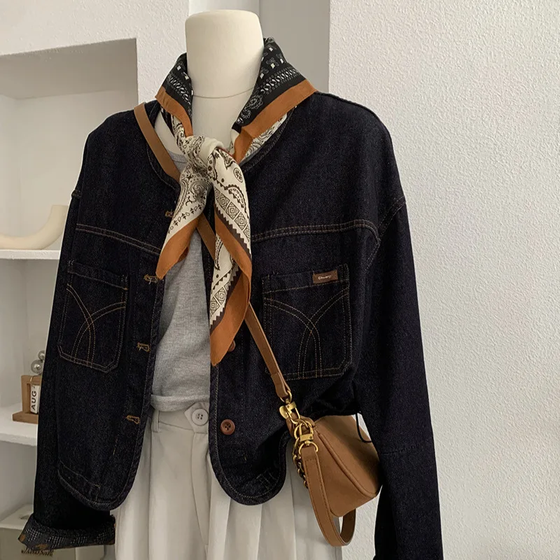 Envío de bufandas retro de un solo pecho, chaqueta vaquera con cuello redondo para mujer, otoño, primavera, nuevo modelo, tops de ocio, chaqueta Bomber Vintage