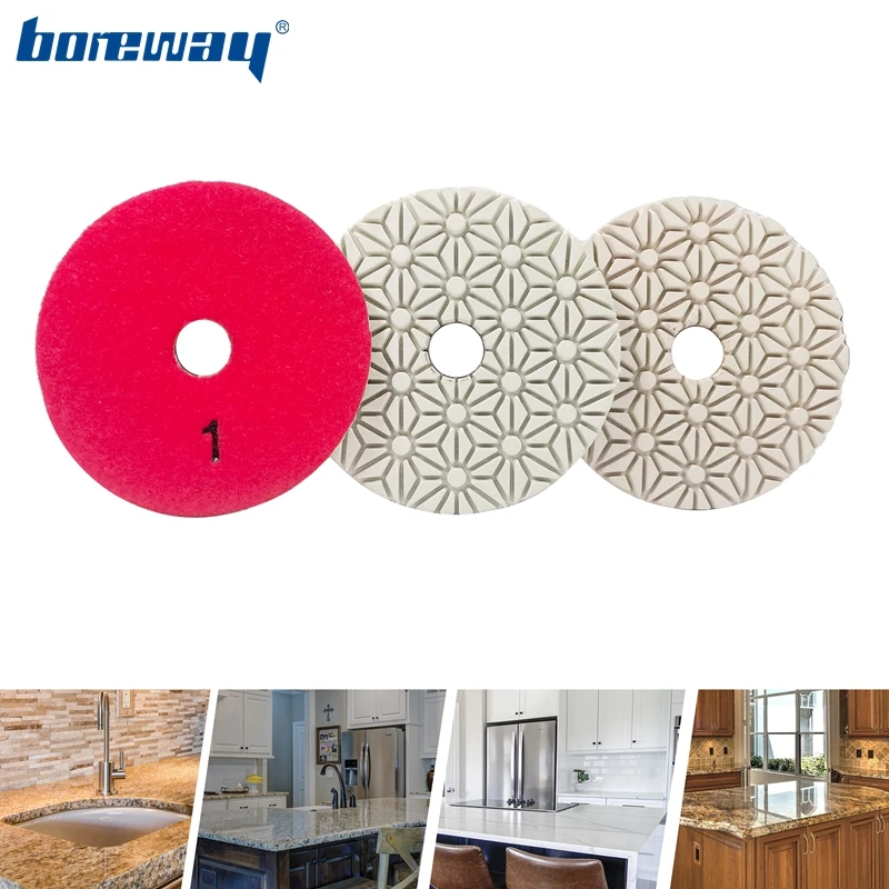Boreway 4-calowa diamentowa tarcza polerska na mokro z wzorem kwiatowym, 3-stopniowe tarcze szlifierskie, gradacja # 1 # 2 # 3 dla płyt podłogowych z kamienia marmurowego