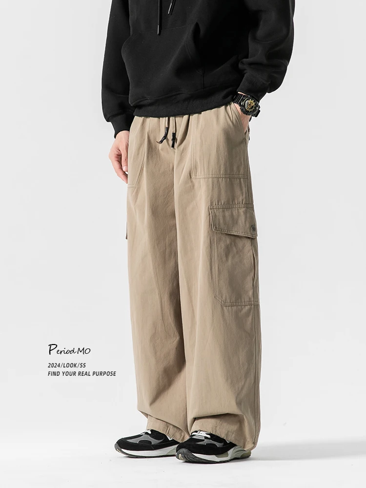 

Retro Japanese Khaki Color Multi-ket Cuffed Work Pants Men's Trendy Brand Spring Autumn Loose Casual Wide Leg Long Trousers