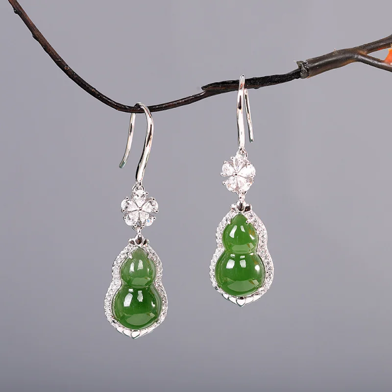 S925 Sterling Silver Inlaid Natural Hetian Jade Gourd Earrings