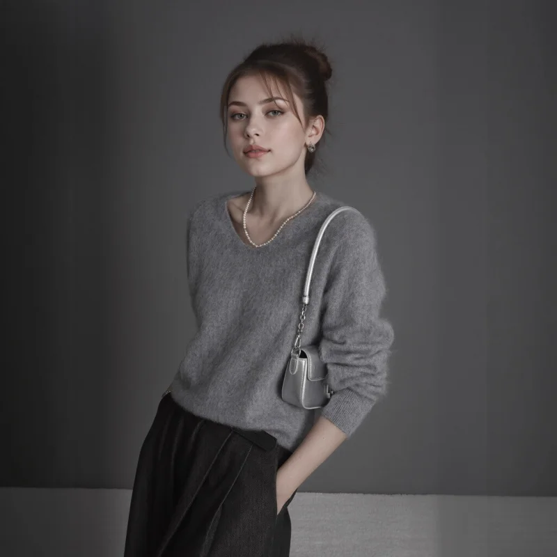 

Wool Brushed Sweater Cashmere Half Turtleneck Round NeckVCollar Seamless Cashmere