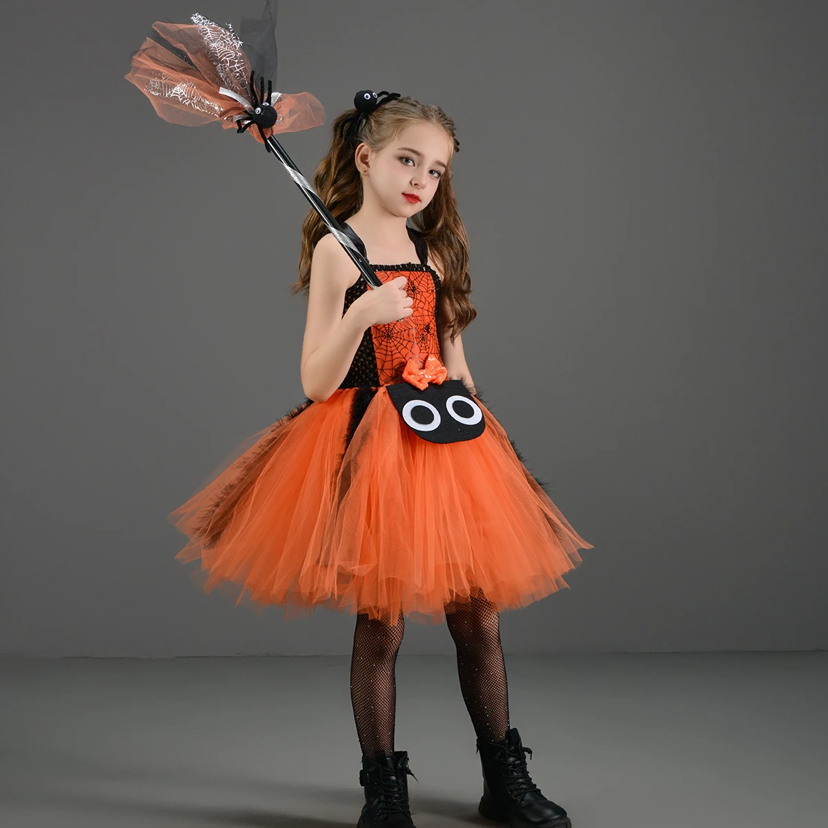Girls Spider Web Cosplay Tutu Dress with Hair Clips Broom Set Kids Spider Halloween Costume for Fancy Witch Dress up Clothing