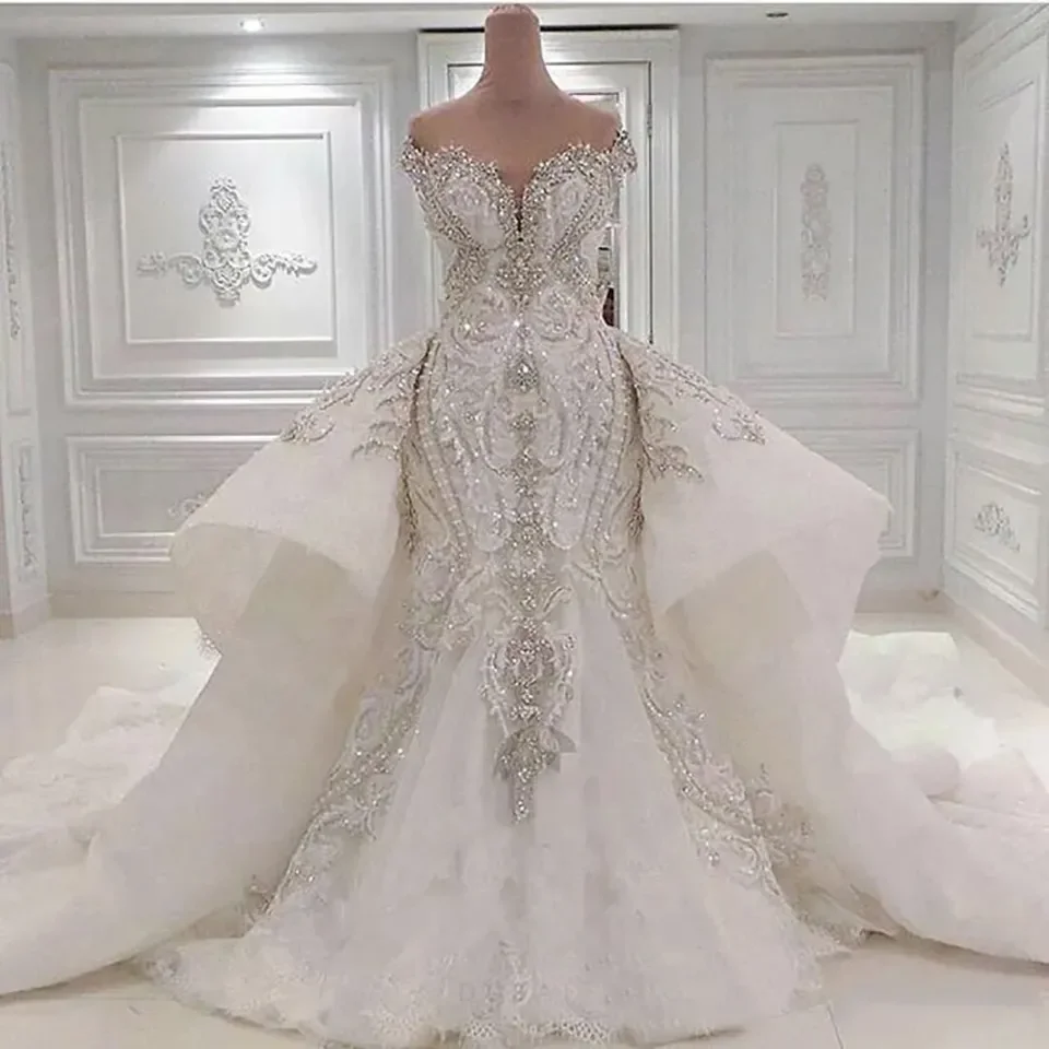 Customized Plus Size Mermaid Bridal Gown Elegant Beaded Lace Detailing Backless Detachable Train