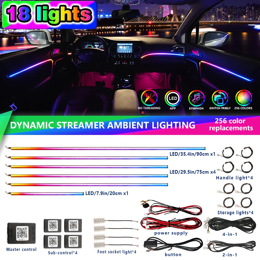 

Full 64 Color Streamer Car Ambient Lights RGB Color Universal LED Interior Hidden Ergonomic Strip Symphony Atmosphere Lamp