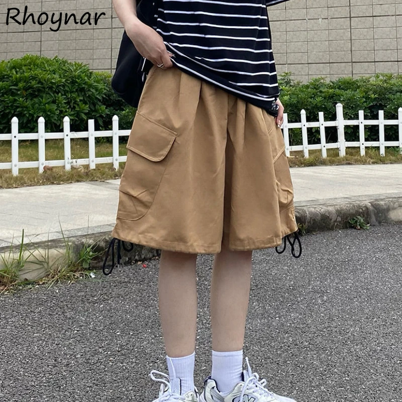 

Shorts Women Korean Fashion Leisure Simple Solid All-match Design Lace-up Pockets Elastic Waist Trendy Summer Couples Unisex